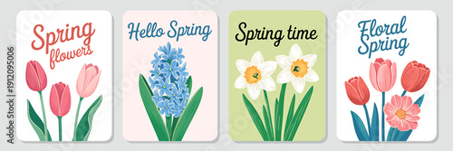 Spring flowers hello spring springtime floral spring season greeting cards illustrations