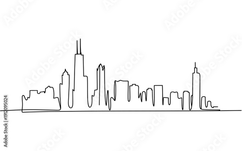 City skyline with tall buildings and skyscrapers in one line drawing style  urban landscape