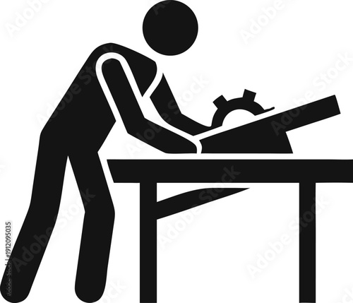 Industrial worker cutting wood material with a powerful table saw machine in a workshop setting