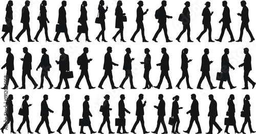 Corporate Commuter Walking Silhouettes Set, Business People Using Smartphones Vector Collection