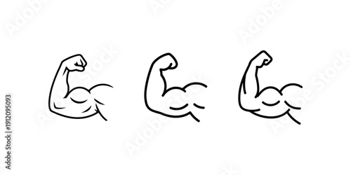 Muscular arm line icon set collection of bicep flex symbols representing strength power fitness bodybuilding workout health and athletic body development