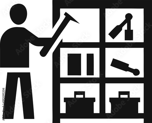 Male worker arranging various tools and boxes on a well organized shelving unit