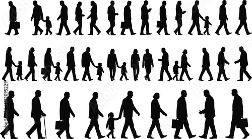 Family Walking Silhouettes Collection, Parents with Children and Businessman Vector Illustration Set