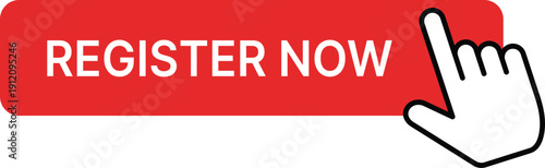 Red button with white text REGISTER NOW and a black outlined cursor hand register