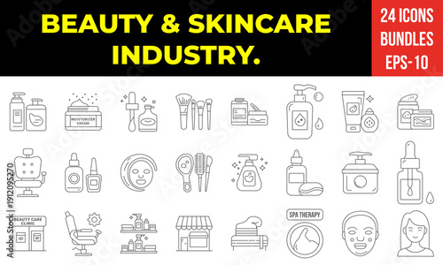 Beauty and skincare industry icon collection showing cosmetic products, moisturizer creams, face masks spa treatments salon equipment hair care tools dermatology clinic services makeup brushes bottles