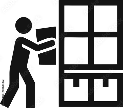Male worker placing a box onto a storage shelf in a warehouse or retail setting