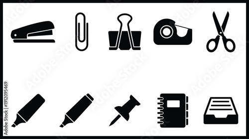 Office supplies and stationery icons in black and white