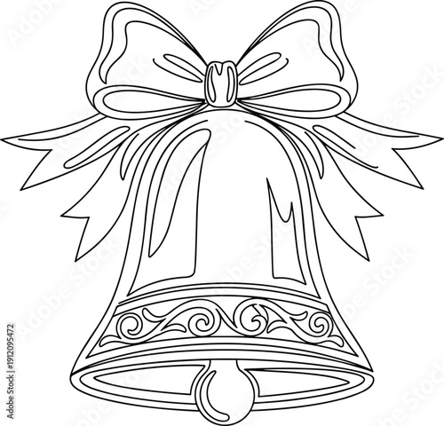 Decorative bell line drawing with ornate scrollwork, large ribbon bow, flowing tails, festive black-and-white holiday illustration.
