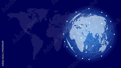 Planet Earth Global Network Vector, Glowing Dotted World Map and Connected Globe with Nodes and Lines, Digital Technology and Worldwide Communication Background