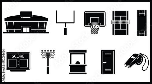 Basketball court and equipment icons in black and white