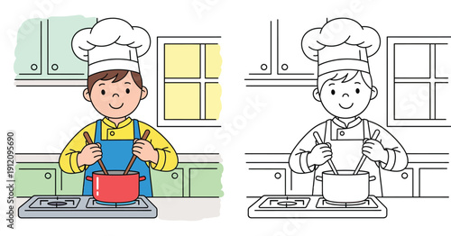 Cute little boy chef cooking in kitchen vector illustration with coloring book page outline. Kid wearing apron and hat stirring pot on stove for children activity and education.