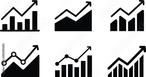 Six black bar and line graph showing upward trends and growth bar graph data