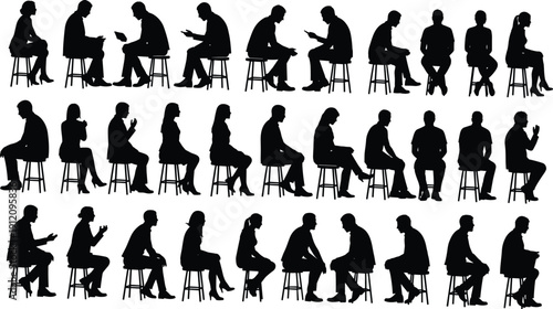 People Sitting Silhouettes Collection, Men and Women on Stools Side View Vector
