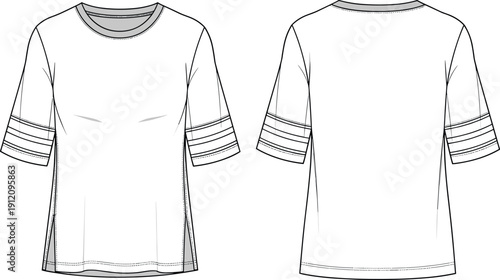 Oversized varsity t-shirt technical drawing with side vents and striped sleeves fashion flat template vector illustration.