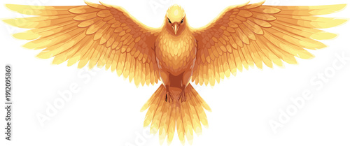 Golden bird illustration with wings fully spread in symmetrical pose, vibrant shades of yellow, orange, and gold feathers.