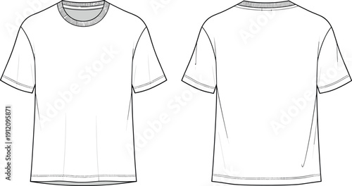 Technical Sketch of Men's Crew Neck T-Shirt Front and Back View Vector Illustration