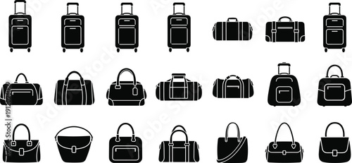 Twenty black-and-white luggage and bag icons, suitcases, duffel bags, backpacks, handbags, and purses in simple bold line style.