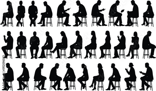 Seated Men and Women Silhouettes Collection, People Sitting on Stools Vector Set