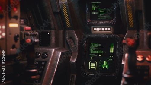 Futuristic 3D render of a Sci-Fi cockpit interior. Close-up focus on a glowing green monitor screen with data and UI elements. Blurred background with control levers, buttons, and dark atmosphere.