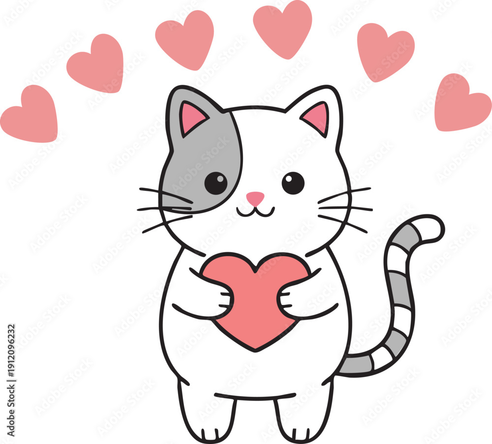 Obraz premium cute cat, heart illustration, kawaii kitten, pink hearts, valentines day, love symbol, cartoon animal, cat character, white kitty, smiley heart, sweet pet, romantic theme, greeting card, 