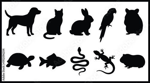 Black silhouettes of various pets and animals