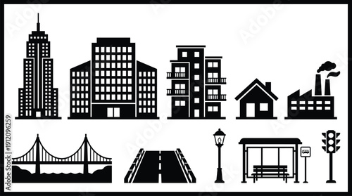 Cityscape with buildings and infrastructure icons