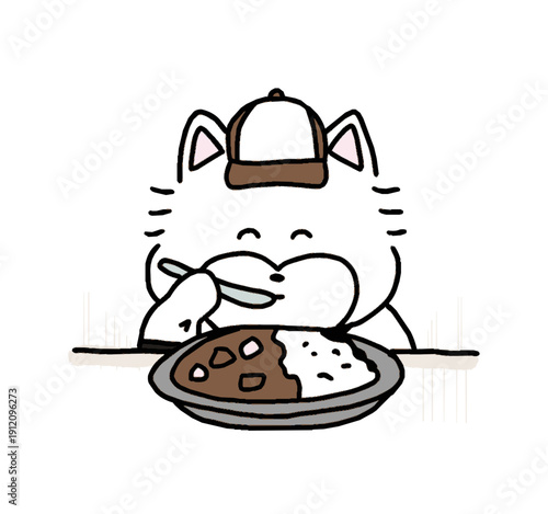 カレーを食べるウェスティ犬キャラクターのキャンプイラスト