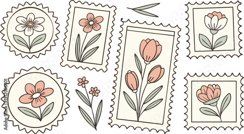 Flower Postage Stamp Postcard Set. Flowers in vases postal stamps. Cute Floral Spring Blossom Postal Frame. Hand Drawn Vector Illustration 