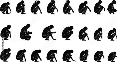 Silhouette of Depressed People Sitting in Crouched Position, Mental Health Concept Illustration Set