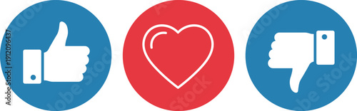 Three social media thumbs up heart and thumbs down in circles like love