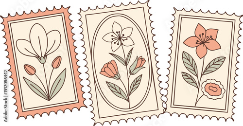 Flower Postage Stamp Postcard Set. Flowers in vases postal stamps. Cute Floral Spring Blossom Postal Frame. Hand Drawn Vector Illustration 