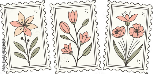 Flower Postage Stamp Postcard Set. Flowers in vases postal stamps. Cute Floral Spring Blossom Postal Frame. Hand Drawn Vector Illustration 