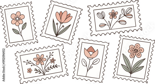 Flower Postage Stamp Postcard Set. Flowers in vases postal stamps. Cute Floral Spring Blossom Postal Frame. Hand Drawn Vector Illustration 