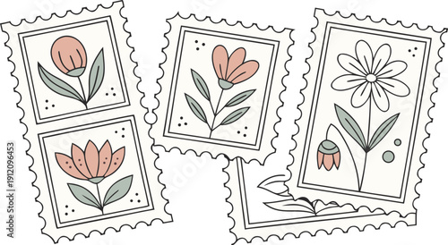 Flower Postage Stamp Postcard Set. Flowers in vases postal stamps. Cute Floral Spring Blossom Postal Frame. Hand Drawn Vector Illustration