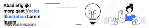 Decision making, innovation, conflict resolution, creativity, teamwork, problem-solving. Lightbulb surrounded by text and a person gesturing stop. Innovation and decision-making concept
