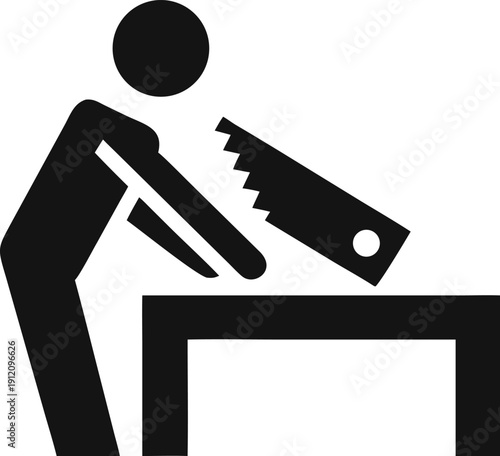 Professional Carpenter Sawing a Wood Plank on a Workbench Icon for Construction