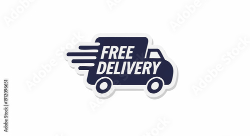 Graphic illustration of a dark blue delivery truck with 'FREE DELIVERY' text on the side, against a clean white background with motion lines.