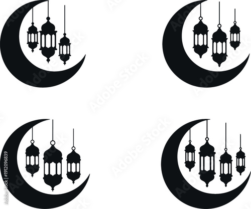 Islamic Crescent Moon and Hanging Lanterns Silhouette Vector Set