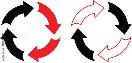 Two circular arrow diagrams one solid black and red the other outlined red and black arrows