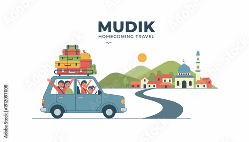 Family travels home for Mudik celebration in a car loaded with luggage on a winding road to a village