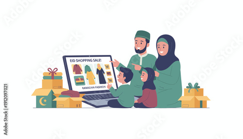Family Celebrating Eid with Gifts and Laptop Illustration