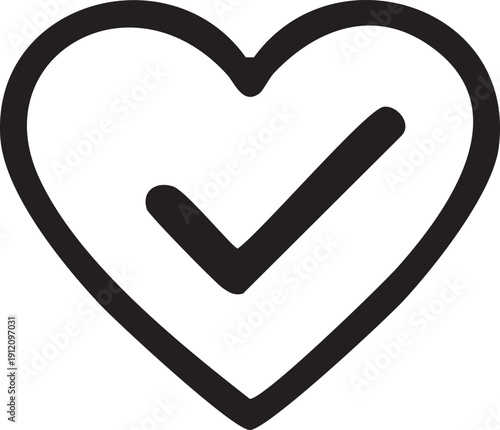 Heart with checkmark icon for healthcare approval, positive emotion or successful match