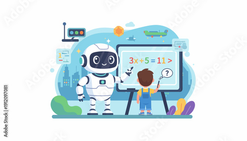 A robot teaching a student mathematics on a digital whiteboard in a futuristic classroom environment from a frontal viewpoint