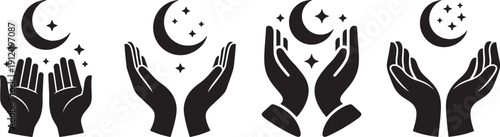 Islamic Praying Hands Silhouette Vector Set with Crescent Moon and Stars. Vector illustration
