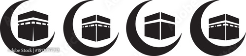 Islamic Kaaba and Crescent Moon Silhouette Icon Set for Hajj and Ramadan. Vector illustration