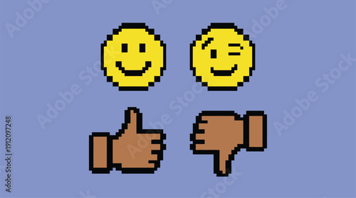 Pixel art thumbs up and down with smiling and winking faces.