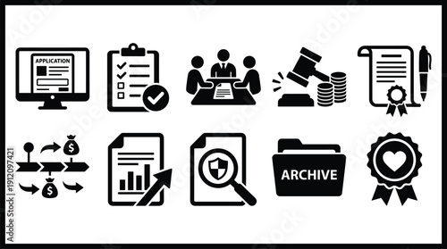 Collection of document and data icons in black on white background
