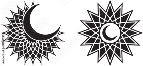 Islamic Geometric Mandala Silhouette Set with Crescent Moon Centers. Vector illustration