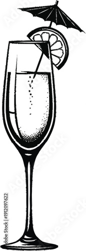 Cocktail in champagne flute with lemon slice and small umbrella on transparent background, drawing of festive drink