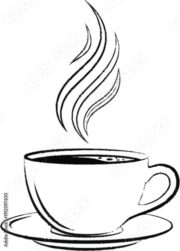 Black and white hand drawn cup of steaming hot coffee on saucer for beverage menu design isolated on transparent background element